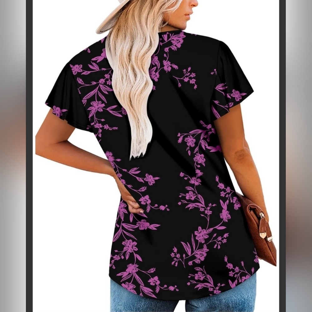 Black And Purple  Floral V-Neck Flutter Sleeve Top - Women's - Picture 3 of 3
